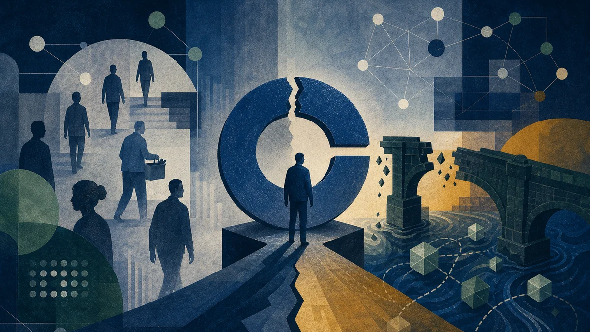 AI-generated editorial image for Coinbase Leadership Turnover Meets Bridge Security Fears, covering Coinbase executive turnover, Coinbase 700-job…