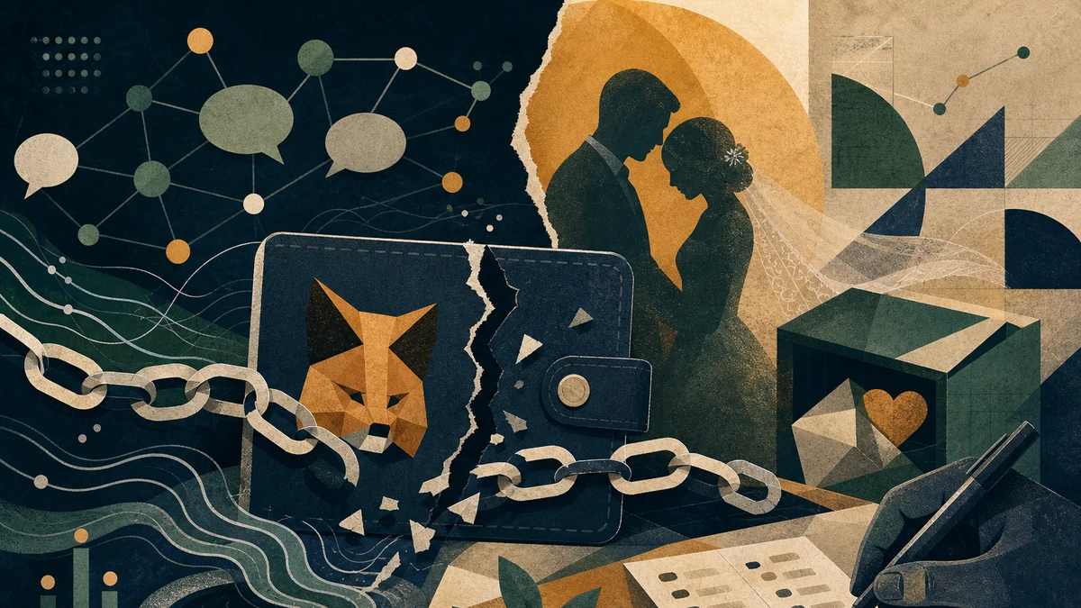 Editorial illustration for Wedding-Fund Loss Puts Wallet Security in Focus, covering alleged MetaMask wallet compromise, Polygon USDC loss, wedding…