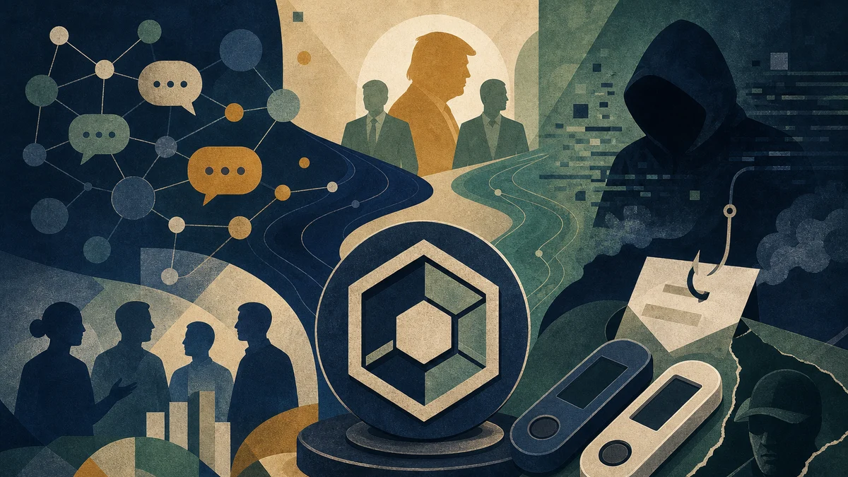 Editorial illustration for CRO Governance Claims Lead as Security Fears Persist, covering CRO supply governance dispute, Crypto.com Trump-family…