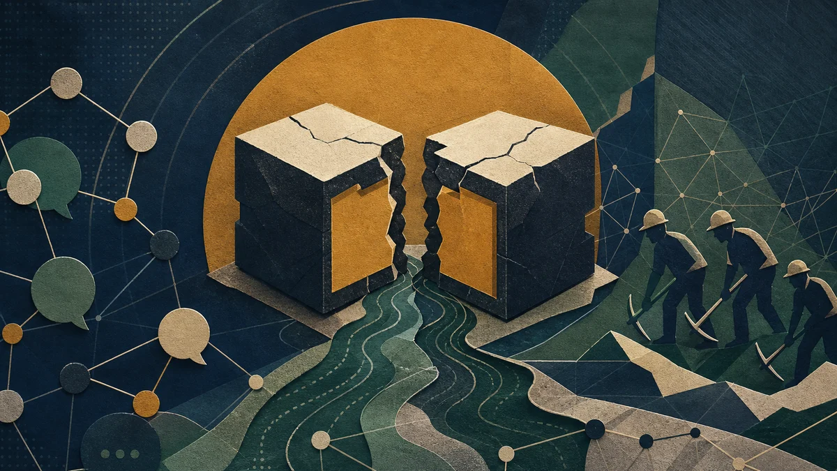 AI-generated editorial image for BIP-110’s Brief Two-Block Run Fuels Bitcoin Fork Debate, covering BIP-110 Bitcoin fork, two-block mining halt,…