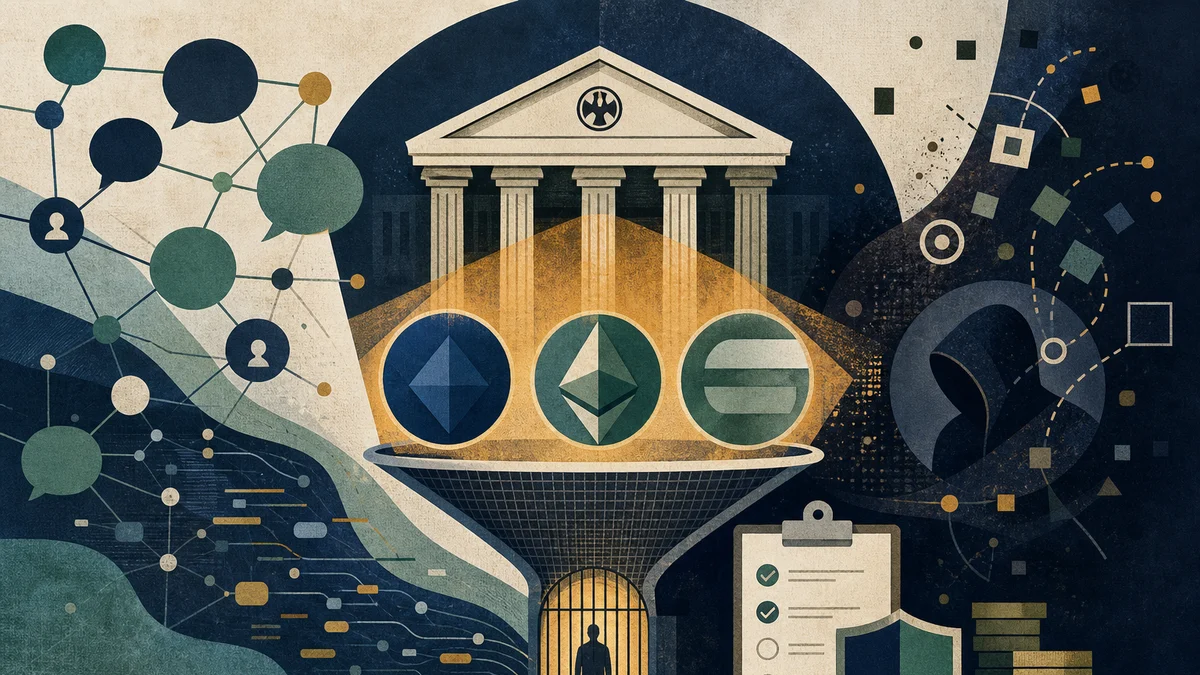 AI-generated editorial image for Russia Retail Rules Lead Debate as Security Risks Rise, covering Bank of Russia retail trading proposal, BTC ETH…