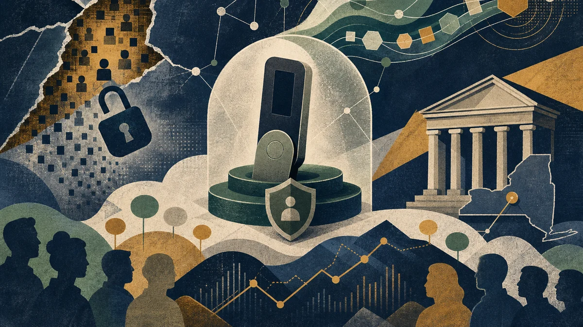 AI-generated editorial image for Trezor Address Leak Overshadows Harmony Token Shock, covering Trezor shipping-supplier data breach,…