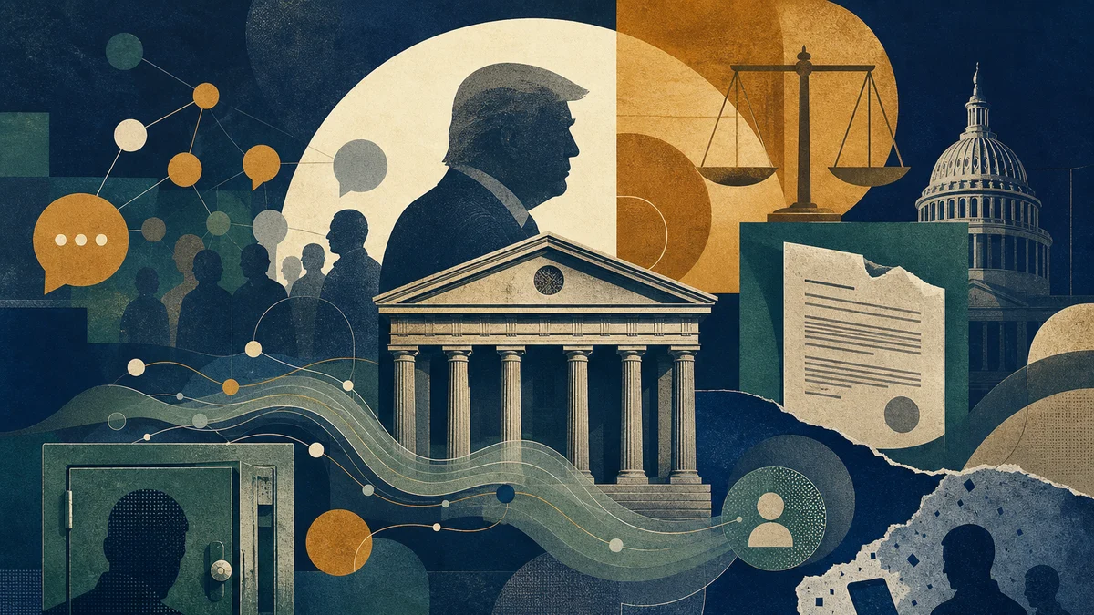 AI-generated editorial image for Trump-Linked Bank Approval and Data-Leak Fears Dominate, covering Trump-linked crypto bank approval, Conditional…
