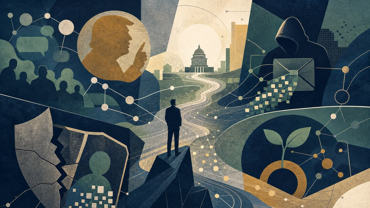 AI-generated editorial image for Trump-Linked Hype Meets Security and Token-Risk Debate, covering HyperLiquid and political-regulatory speculation,…
