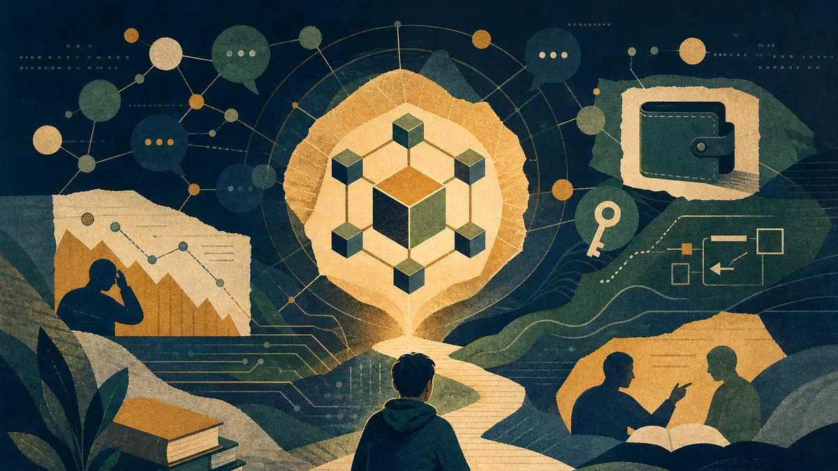 AI-generated editorial image for Bitcoin Basics and Trading Risks Lead Reddit Debate, covering Bitcoin mechanics for beginners, Crypto education…